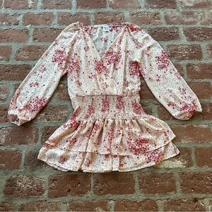 Princess Polly Cream & Red Floral Sheer V-Neck Wide Smocked Waist Mini Dress 8